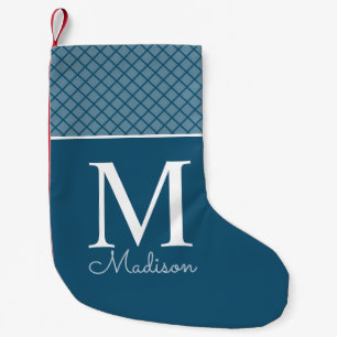 Petite Chaussette De Noël Monogramme de nom à motif à carreaux bleus moderne