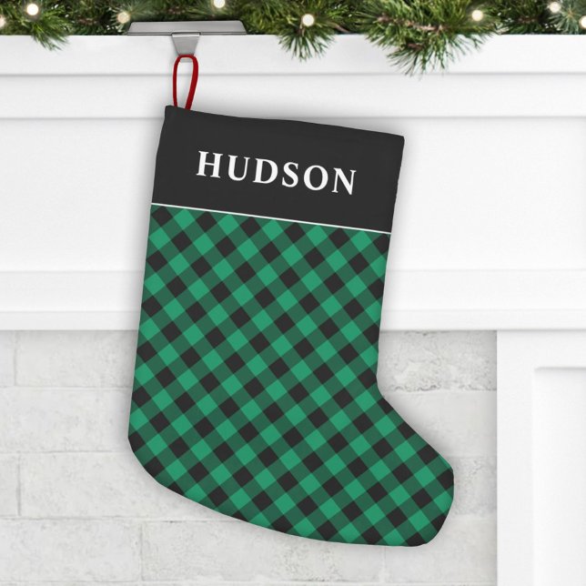 Petite Chaussette De Noël Monogramme de vacances Plaid Buffalo vert et noir (Créateur téléchargé)