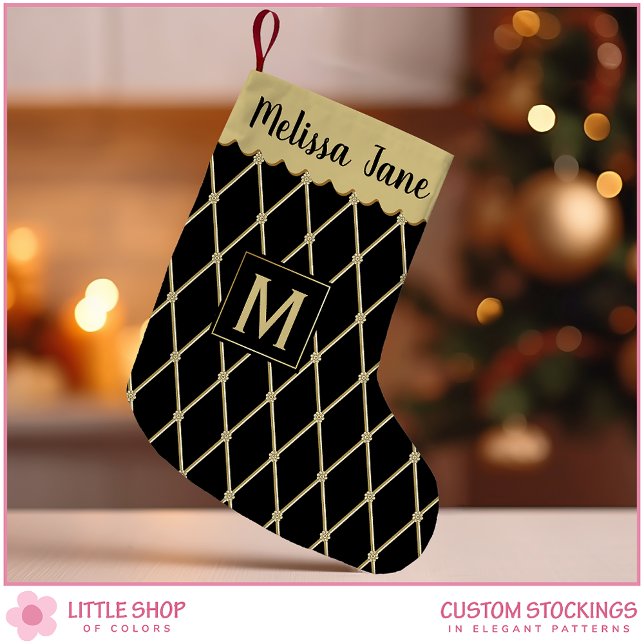 Petite Chaussette De Noël Monogramme élégant à motif diamant noir et or (Créateur téléchargé)