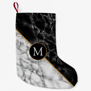 Petite Chaussette De Noël Monogramme en marbre blanc noir Stocking de Noël
