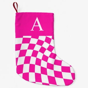 Petite Chaussette De Noël Monogramme moderne À damiers rose chaud