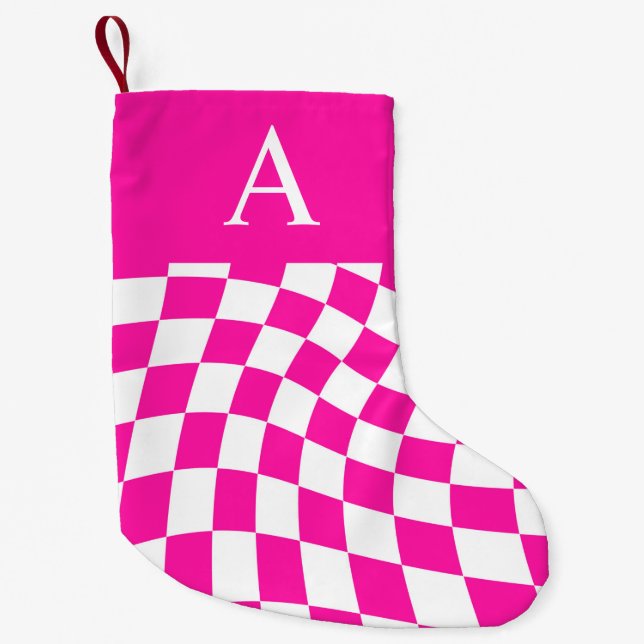 Petite Chaussette De Noël Monogramme moderne À damiers rose chaud (Devant)