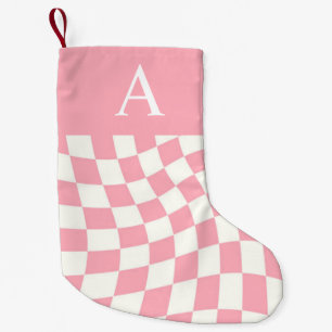 Petite Chaussette De Noël Monogramme moderne rose À damiers double côté