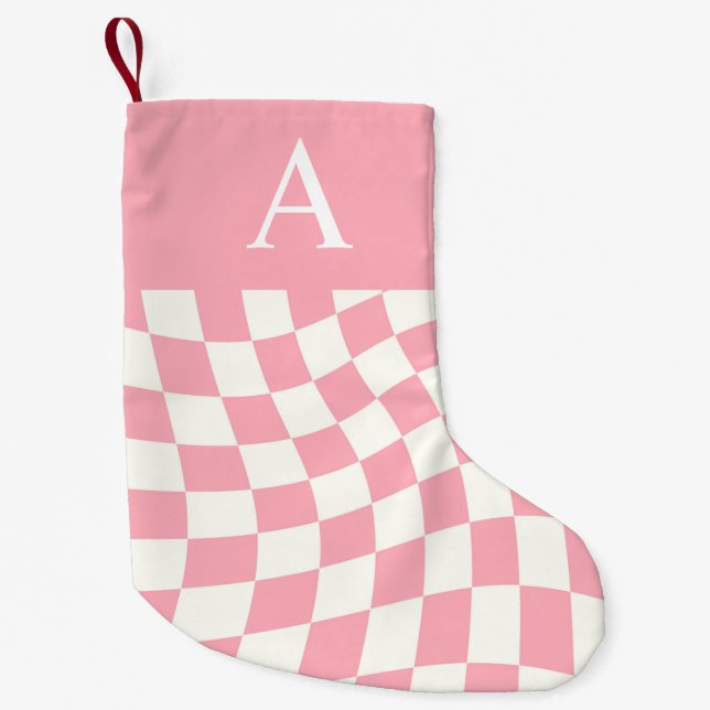 Petite Chaussette De Noël Monogramme moderne rose À damiers double côté (Devant)