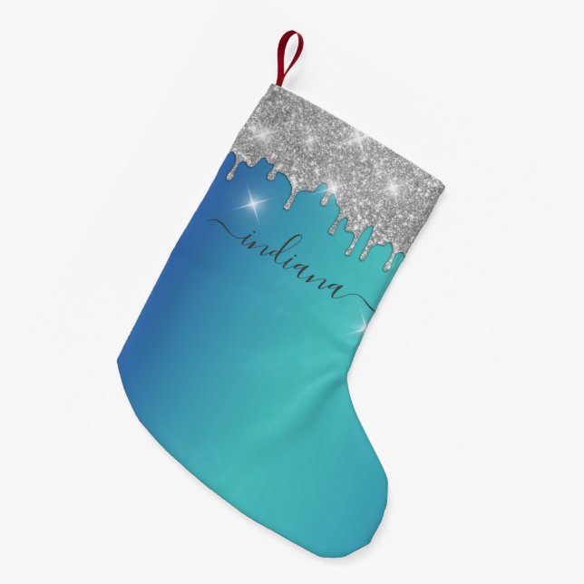 Petite Chaussette De Noël Monogramme Parties scintillant argent bleu turquoi (Devant (Accrochage))