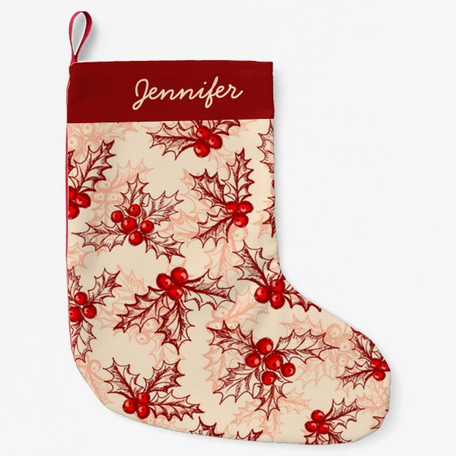 Petite Chaussette De Noël Monogramme rouge rose Noël Holly (Devant)