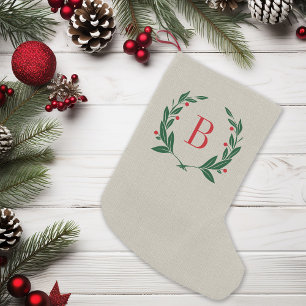 Petite Chaussette De Noël Monogramme rustique de couronne de laurier de Noël