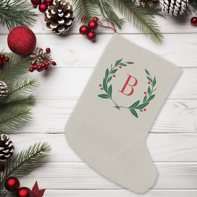Petite Chaussette De Noël Monogramme rustique de couronne de laurier de Noël (Créateur téléchargé)