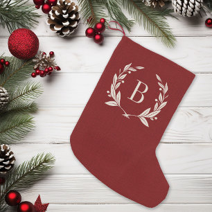 Petite Chaussette De Noël Monogramme rustique de couronne de laurier rouge