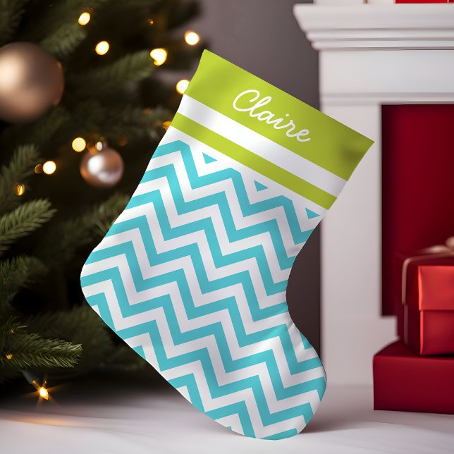 Petite Chaussette De Noël Monogramme Turquoise et Vert Chevron (Créateur téléchargé)
