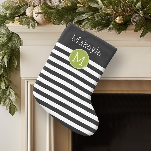 Petite Chaussette De Noël Monogramme vert Motif rayé noir et blanc (Personalized Christmas Stocking)
