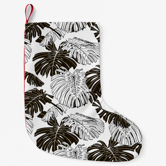 Petite Chaussette De Noël Monstera Monochrome : Noir-Blanc Sans Fil. (Devant)