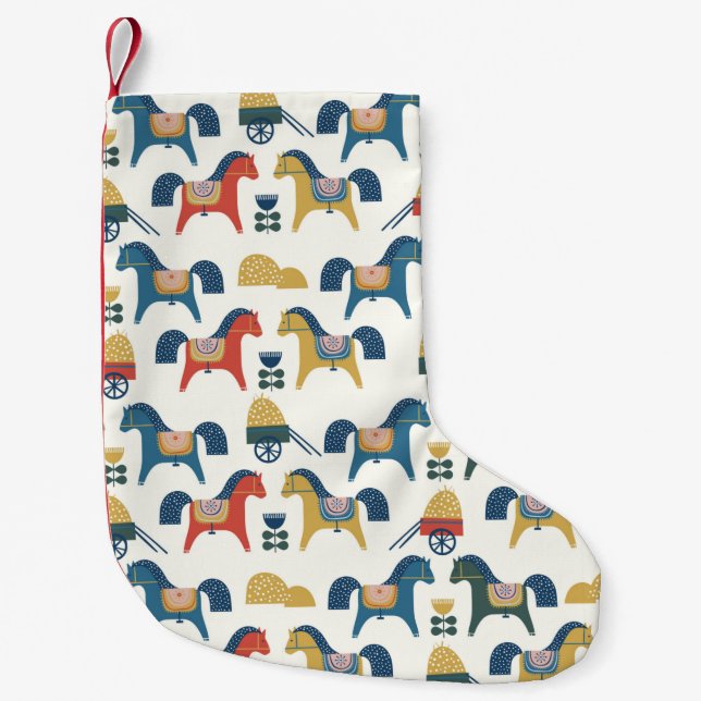 Petite Chaussette De Noël Motif à cheval inspiré de l'art scandinave. (Devant)