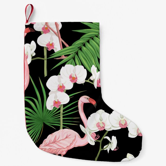 Petite Chaussette De Noël Motif, arrière - plan avec des plantes tropicaux, (Devant)