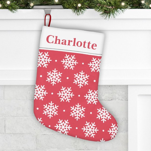 Petite Chaussette De Noël Motif blanc Snowflake avec Monogram Red Holiday (Créateur téléchargé)
