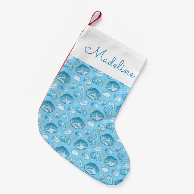 Petite Chaussette De Noël Motif bleu océan| Ajouter votre nom (Devant (Accrochage))