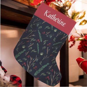 Petite Chaussette De Noël Motif botanique simple Nom personnalisé