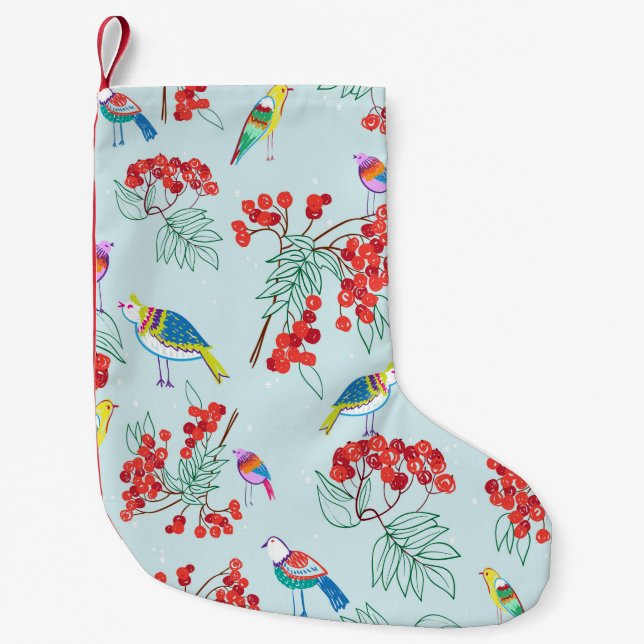 Petite Chaussette De Noël motif composé d'oiseaux et de baies (Devant)