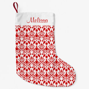 Petite Chaussette De Noël Motif damassé rouge avec nom personnalisé