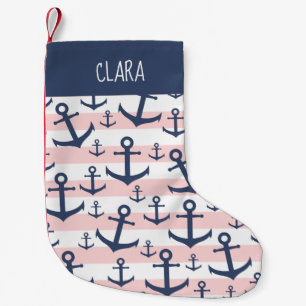 Petite Chaussette De Noël motif d'ancrage bleu marine à rayure rose marine