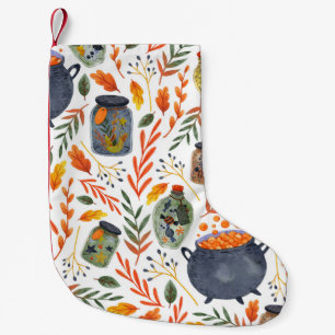 Petite Chaussette De Noël Motif d'aquarelle avec feuillage d'automne.