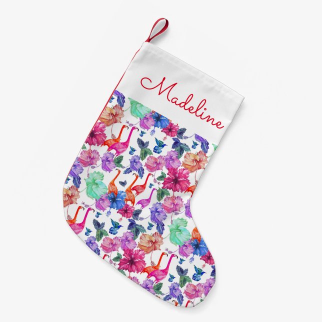 Petite Chaussette De Noël Motif d'aquarelle tropicale| Ajouter votre nom (Devant (Accrochage))