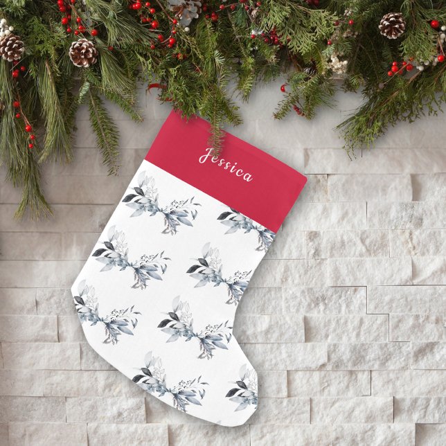 Petite Chaussette De Noël Motif de feuillage hivernal de Noël nom personnali (Créateur téléchargé)