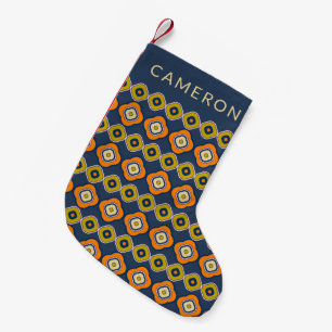 Petite Chaussette De Noël Motif de formes rétro Boho 70s en bleu nom