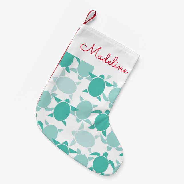 Petite Chaussette De Noël Motif de la tortue Turquoise| Ajouter votre nom (Devant (Accrochage))
