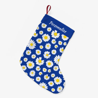 Petite Chaussette De Noël Motif de marguerite blanche jaune sur Noël bleu