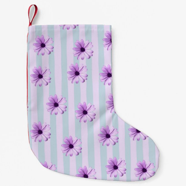 Petite Chaussette De Noël motif de marguerite rayée bleu et violet (Devant)