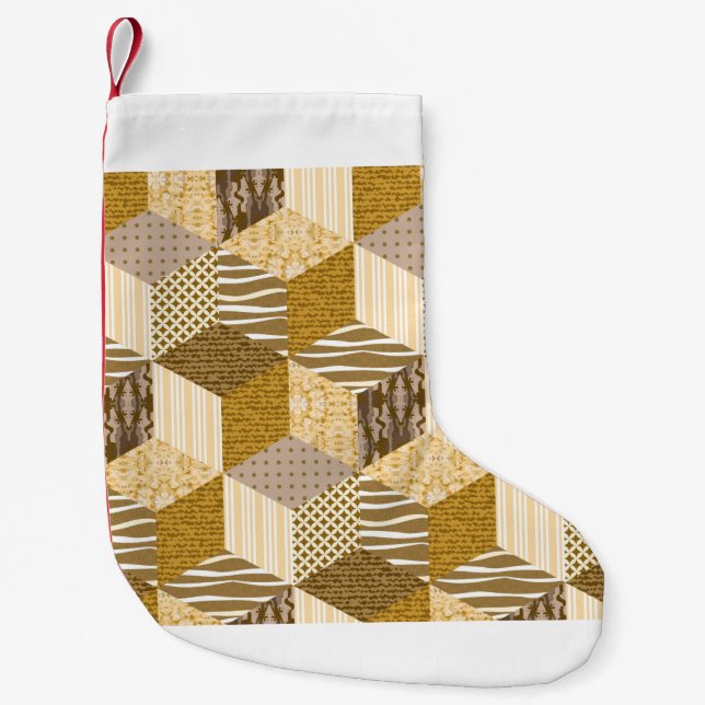 Petite Chaussette De Noël Motif de patchwork sans couture or. Illustration v (Devant)