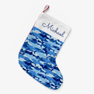 Petite Chaussette De Noël Motif de requin bleu Ajouter votre nom