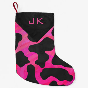 Petite Chaussette De Noël Motif d'impression Monogram Cow Hot Pink et Black