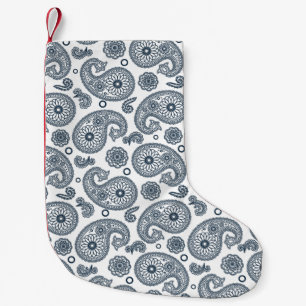 Petite Chaussette De Noël Motif en cachemire bleu foncé indien sur blanc