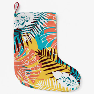 Petite Chaussette De Noël Motif feuille de la jungle tropicale colorée.