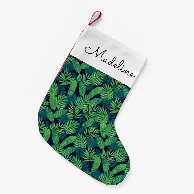 Petite Chaussette De Noël Motif Feuille tropical| Ajouter votre nom (Devant (Accrochage))