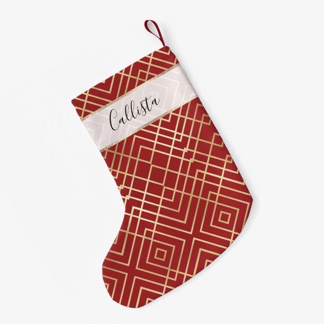 Petite Chaussette De Noël Motif géométrique Art déco rouge chinois moderne (Dos (Accrochage))