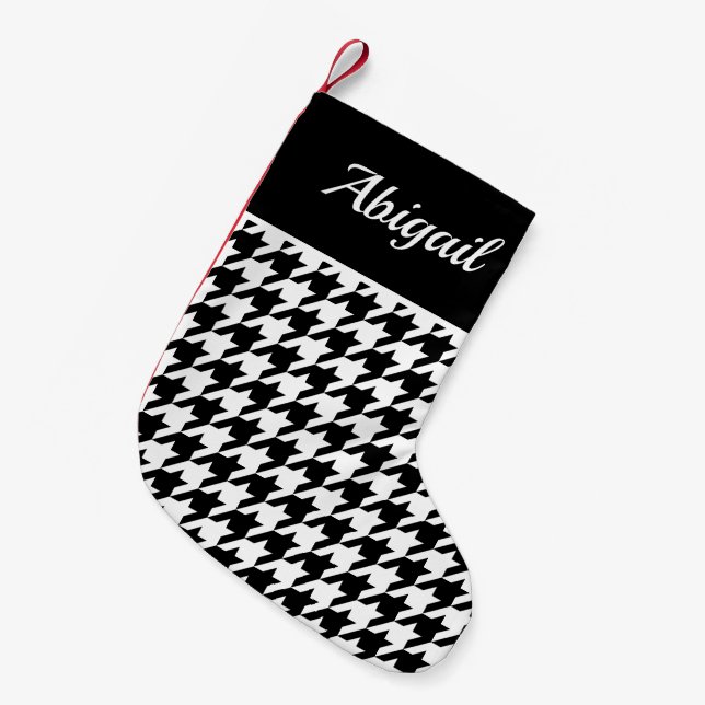 Petite Chaussette De Noël Motif Houndstooth personnalisé noir blanc (Devant (Accrochage))