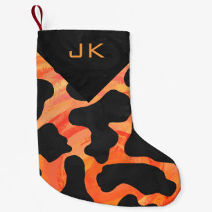 Petite Chaussette De Noël Motif noir et orange de vache à monogramme