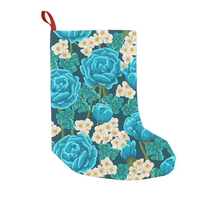 Petite Chaussette De Noël Motif peint à la main floral de rose bleu d'aqua (Devant)
