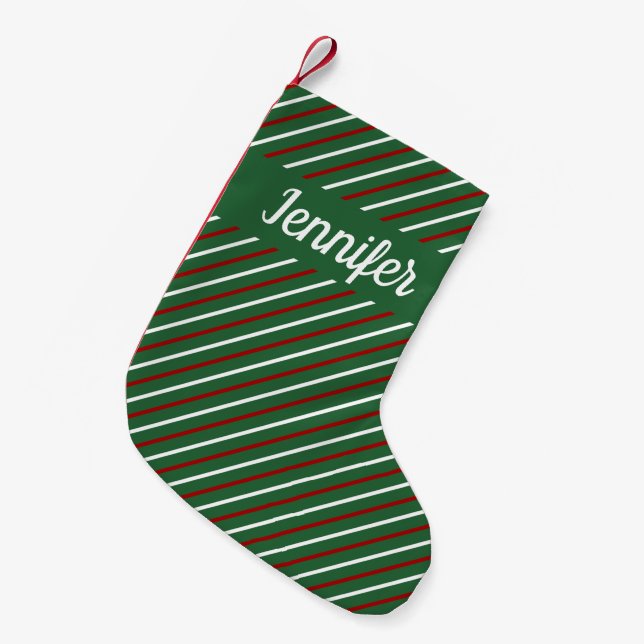 Petite Chaussette De Noël Motif rayé vert moderne Nom  (Devant (Accrochage))