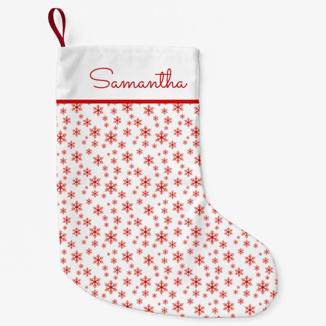 Petite Chaussette De Noël Motif Red White Snowflakes avec nom (Devant)