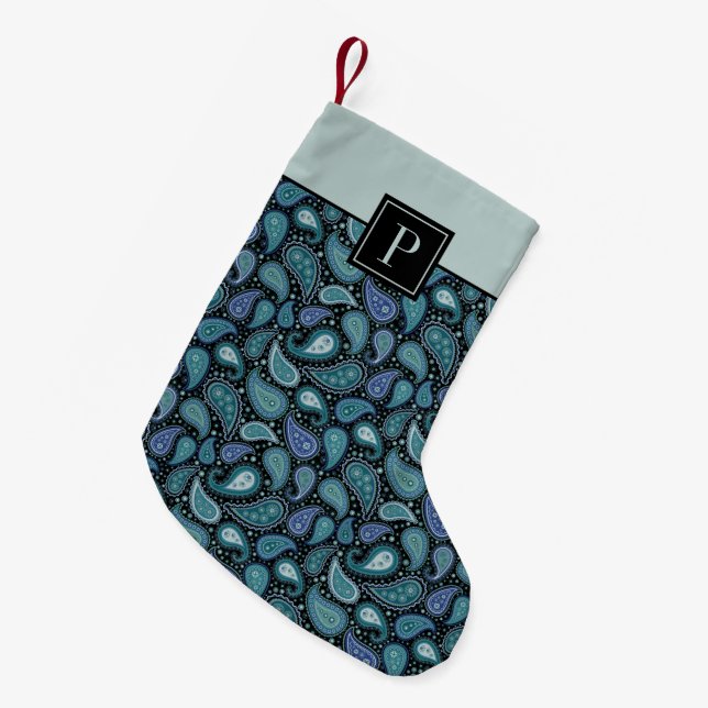 Petite Chaussette De Noël Motif rétro Monogram Blue Paisley (Devant (Accrochage))