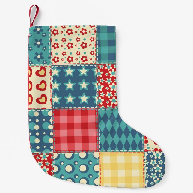 Petite Chaussette De Noël Motif sans couture. Arrière-groupe patchwork vinta (Devant)