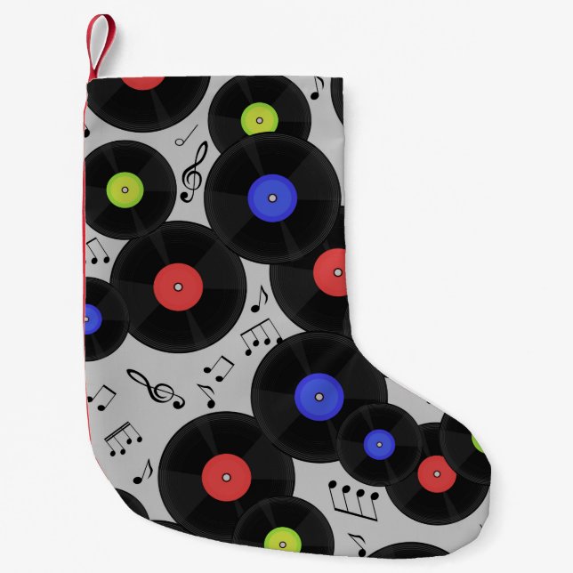 Petite Chaussette De Noël Motif sans couture avec disques vinyles et notes.  (Devant)
