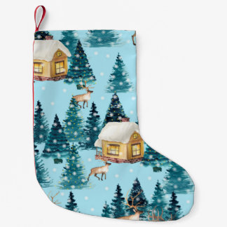 Petite Chaussette De Noël Motif sans couture avec village d'hiver dans la fo