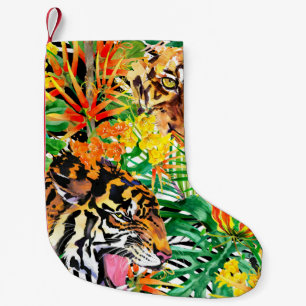Petite Chaussette De Noël motif sans couture tropicale avec tigre. aquarelle