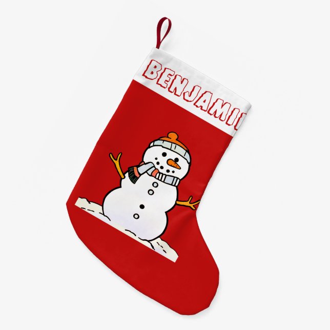 Petite Chaussette De Noël Motif Snowman | Nom d'enfant rouge (Devant (Accrochage))