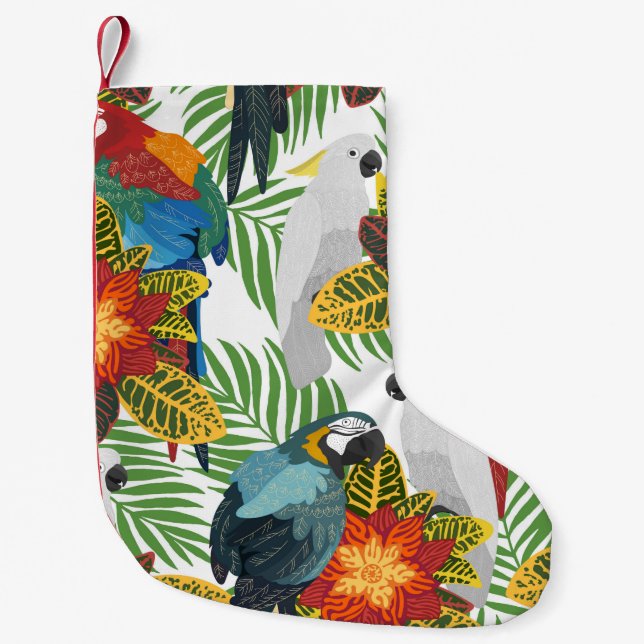 Petite Chaussette De Noël Motif tropical sans couture avec perroquets.  (Devant)